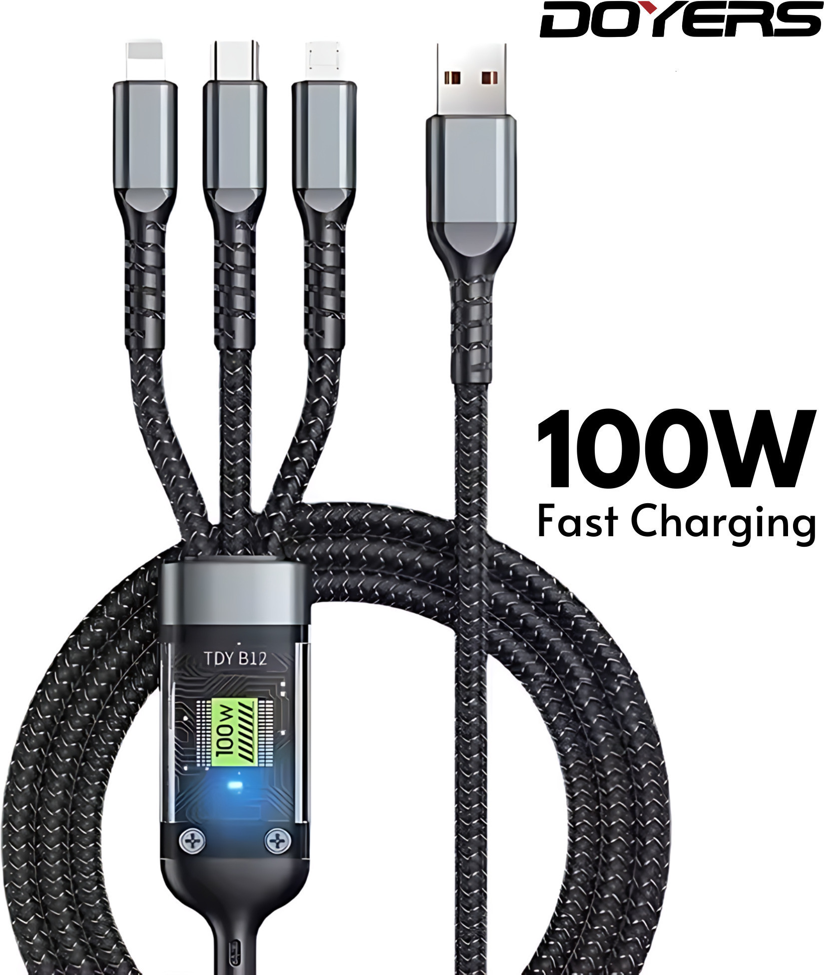 Doyers 3-in-1 Cable 6 A 1 m Nylon Braided Multiple USB Cable Universal Charging Cord with Type-C, Micro USB and iP Port for Cell Phones and More (Compatible with Smartphones, iPhone, Android, Laptop, Black, One Cable)