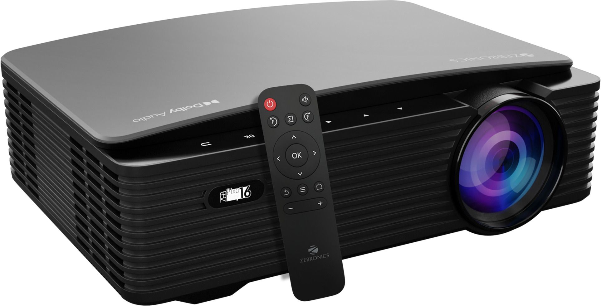 zeb-pixaplay-16-with-android-9-0-full-hd-1080p-dual-band-wifi-bt-original-imahyynappwznmrd.jpeg EBRONICS ZEB-PIXAPLAY 16 (10000 lm / 1 Speaker / Remote Controller) Portable Full HD 1080p Native Resolution with 4K Support, 200 Inch Screen Size, USB, HDMI, AV, AUX, WIFI, Bluetooth, Smart Apps, Miracast, Airplay, Dolby Smart Projector (Black) - Image 1